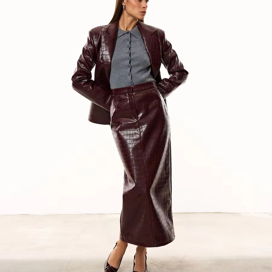 Pencil Skirt Midi - IG Women Burgundy Croc Faux Leather
